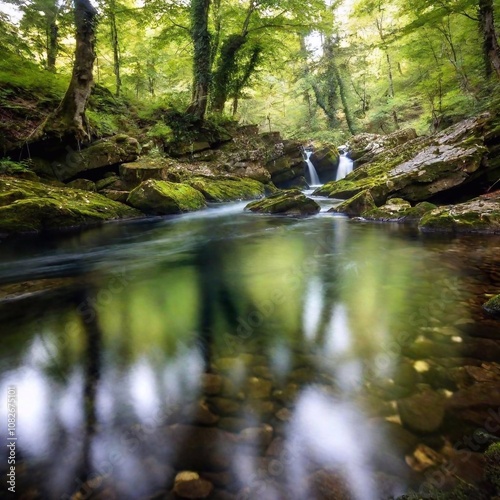 A full shot of a quiet river with fish flowing through a forest at eye level, with trees lining the banks and reflections in the water.