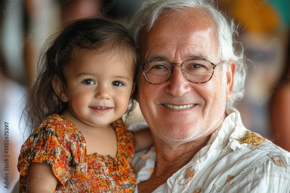  A loving grandfather holds his smiling granddaughter close, capturing a precious moment of affection. 
