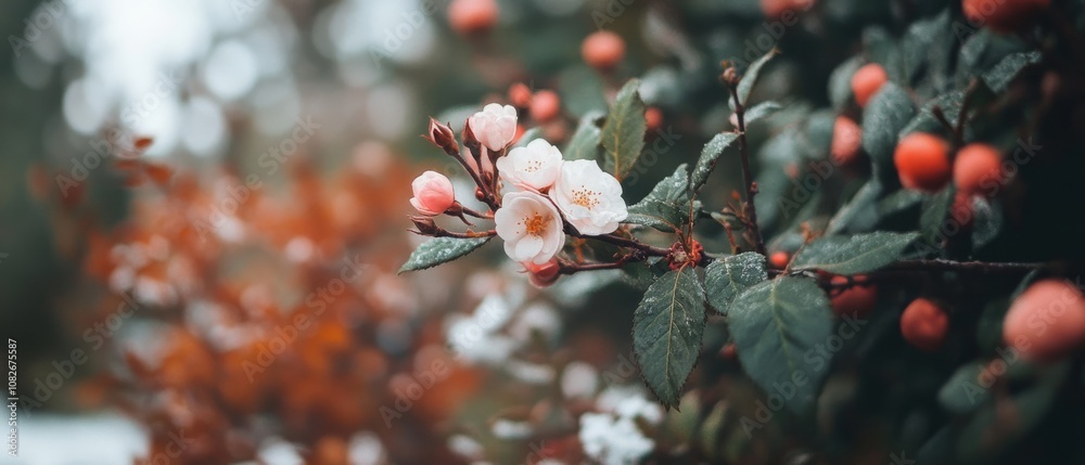 Delicate blossoms bloom against a backdrop of rich red berries, showcasing nature's intricate details and vivid colors on a soft overcast day. Delicate blossoms bloom against a backdrop of rich red berries, showcasing nature's intricate details and vivid colors on a soft overcast day.