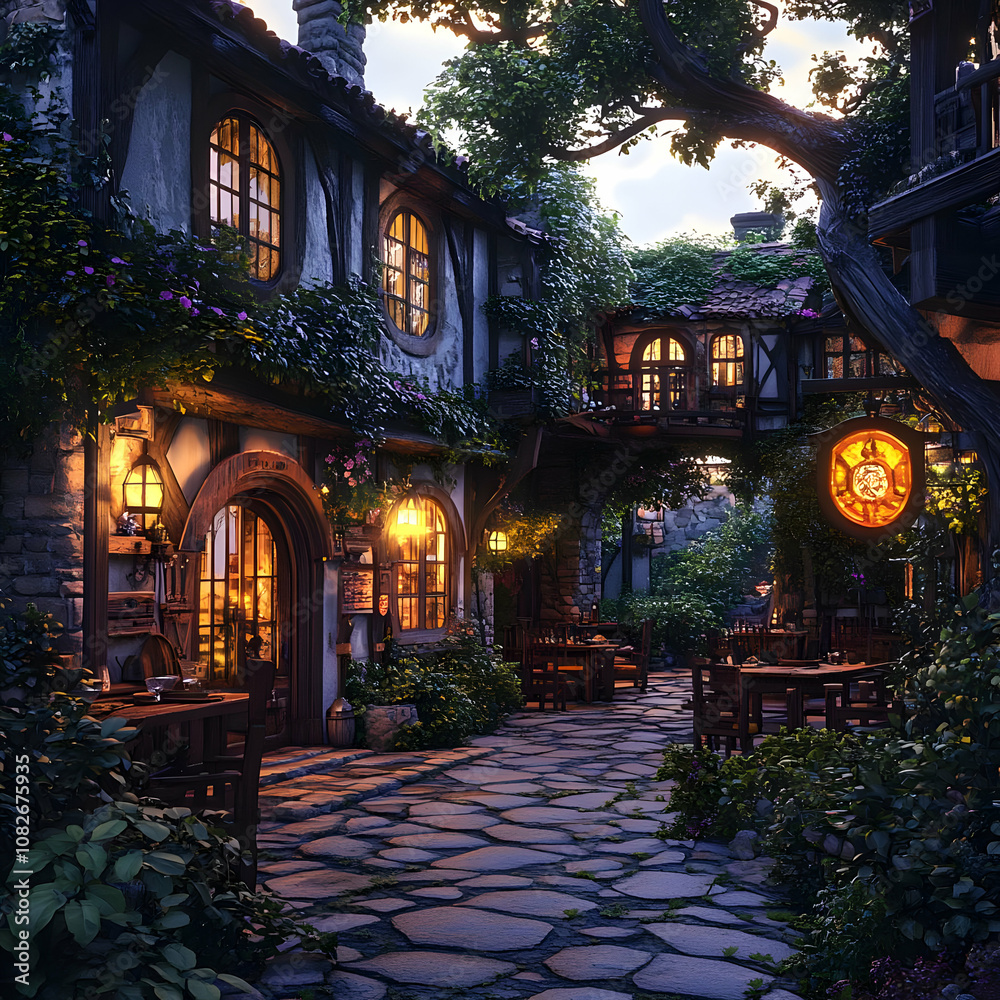 Fototapeta premium Illustration - Cozy Tavern Evening Fantasy Village