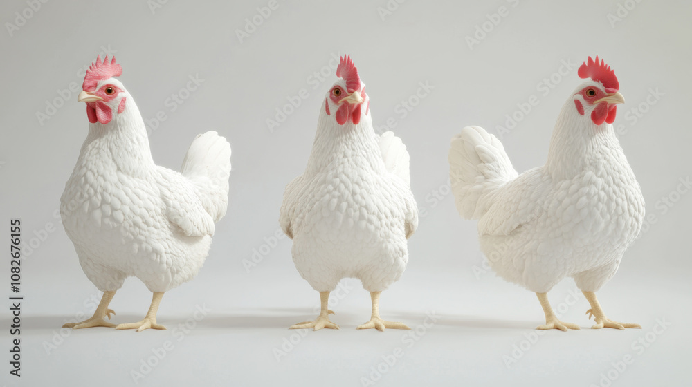 Fototapeta premium White chickens standing in row, showcasing their feathers and features. These farm raised birds represent organic and free range farming practices, emphasizing natural living