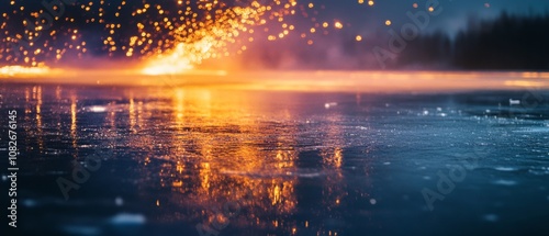 Warm, glowing sparks dance across a frozen lake at dusk, beautifully juxtaposing fire and ice in a serene wilderness landscape. photo