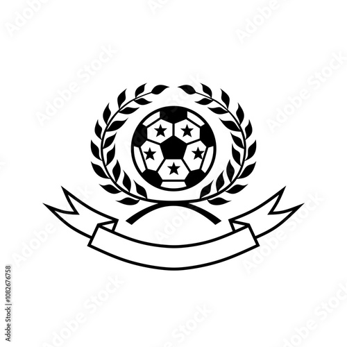 Vector illustration design of a football emblem logo featuring a ball surrounded by a laurel wreath, stars and ribbons. Symbolizing victory, achievement and sportsmanship.