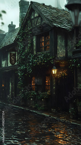 Illustration - Rainy Medieval Tavern Street Scene