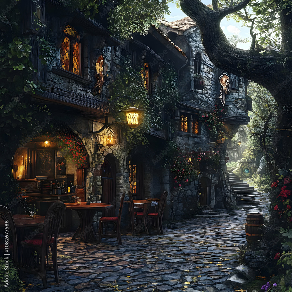 Obraz premium Illustration Tavern Fantasy Village Medieval Cozy Whimsical
