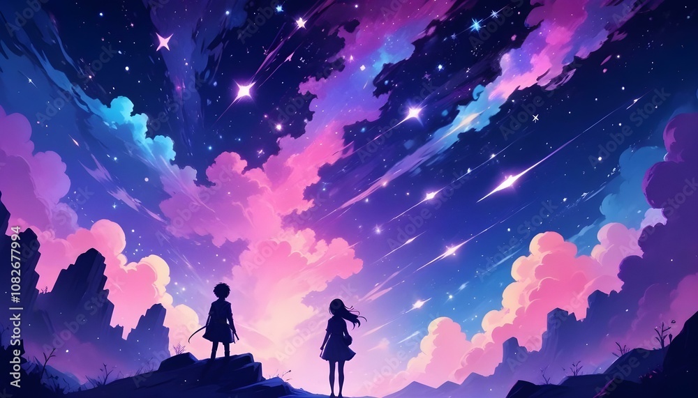 Naklejka premium Un fondo abstracto en tonos de azul, morado y rosa, imitando una nebulosa en el espacio profundo. Pequeños destellos de estrellas y luces difusas dan un aspecto etéreo y misterioso