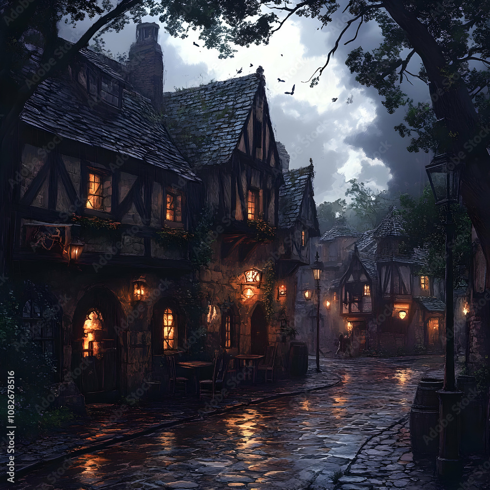 Illustration - Rainy Night in a Medieval Town Illustration - Rainy Night in a Medieval Town