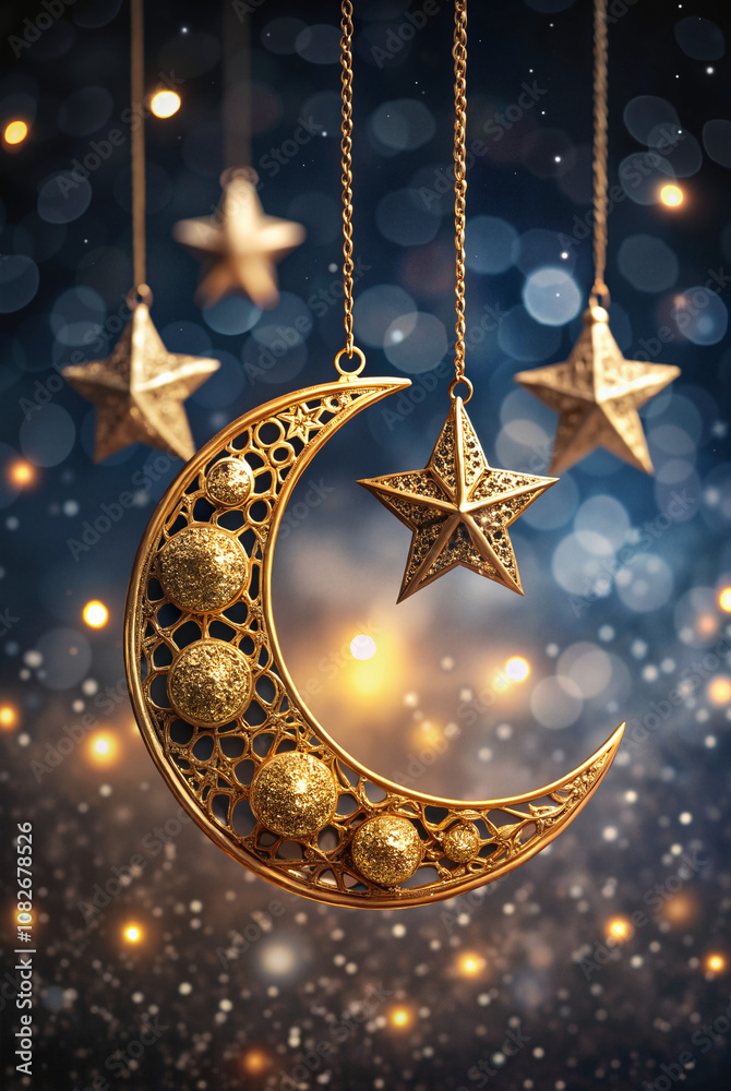 Golden crescent moon with stars in night sky Golden crescent moon with stars in night sky
