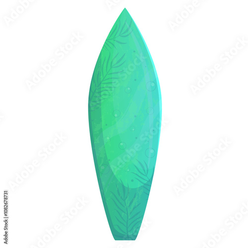 Tropical leaf and bubble adorned green surfboard, exuding a refreshing summer vibe, ideal for stylish wave riding