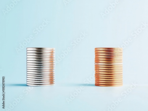 Wealth inequality, dividing coins in uneven stacks, social impact, 3D illustration photo