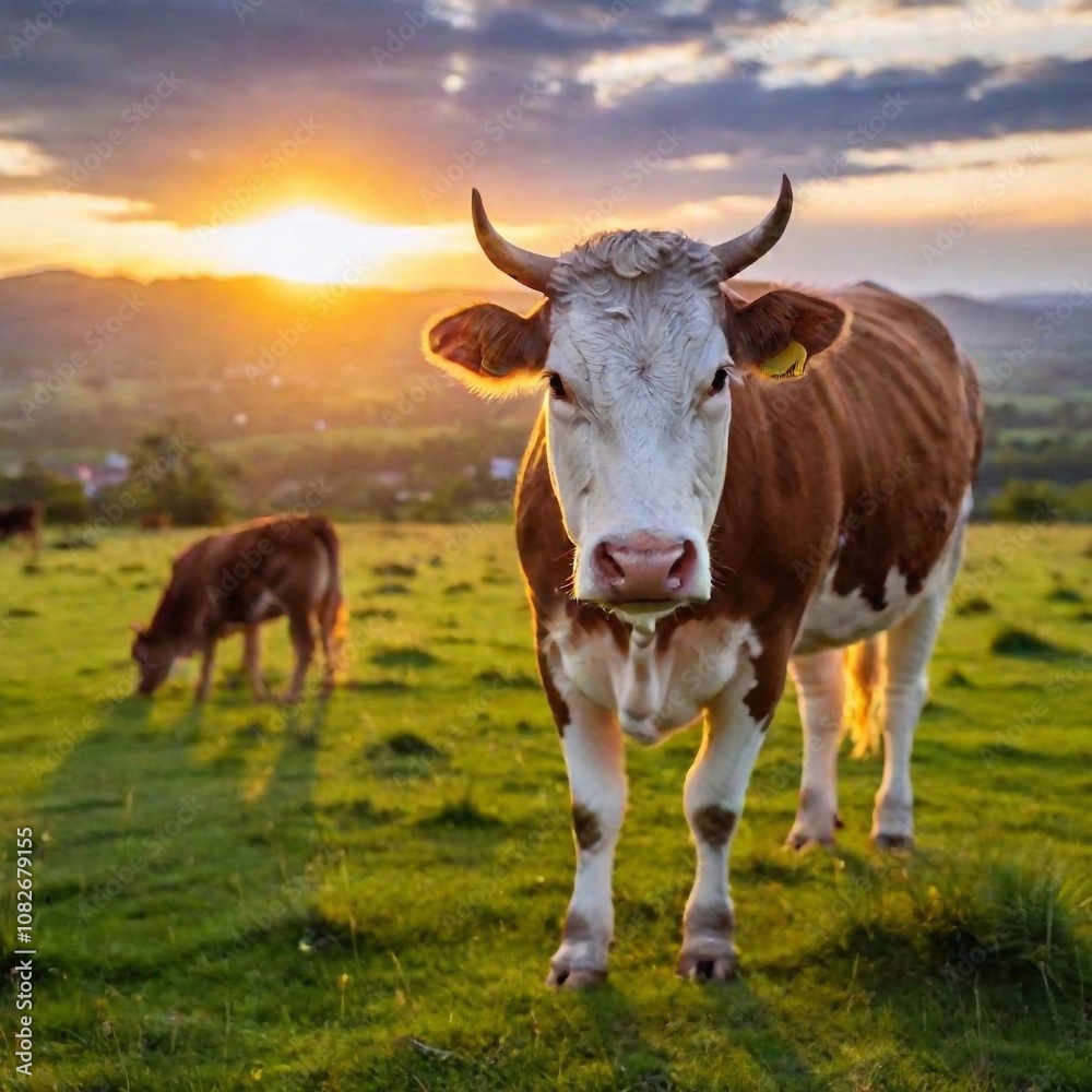 A long shot photo of a cow with a background of a setting sun, rack focus and high angle capturing the cow in the foreground with the sunset gradually coming into focus, creating a dramatic and wider A long shot photo of a cow with a background of a setting sun, rack focus and high angle capturing the cow in the foreground with the sunset gradually coming into focus, creating a dramatic and wider