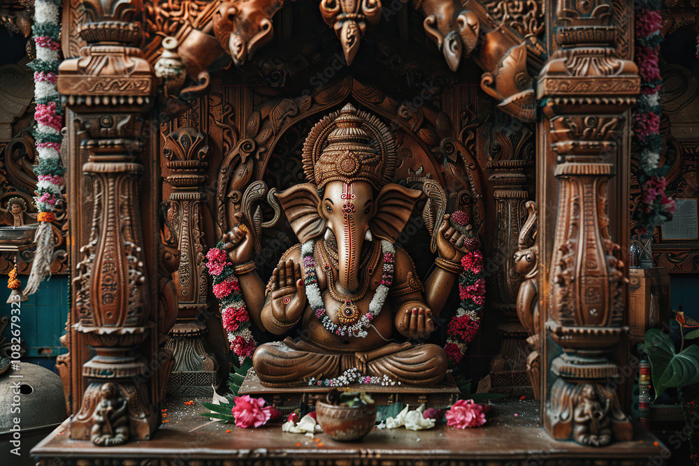 Fototapeta premium Beautiful greeting card with bright holiday composition for happy celebrate Ganesh Chaturthi