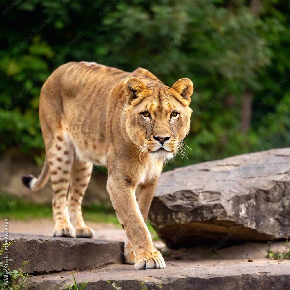 Naklejka premium A full shot photo of a lioness crouched and ready to pounce, deep focus on its tense muscles and predatory gaze, low-angle shot that accentuates its readiness to spring forward and its raw power