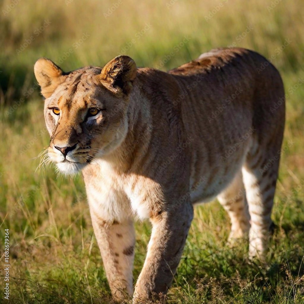 Obraz premium A macro photo of a lioness stalking through tall grass, deep focus on the tension in its muscles and its focused eyes, high-angle shot capturing its full body in mid-step, demonstrating the grace and 