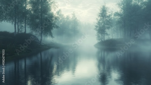 A misty morning scene with a river winding through a forest, the trees reflected in the still water.