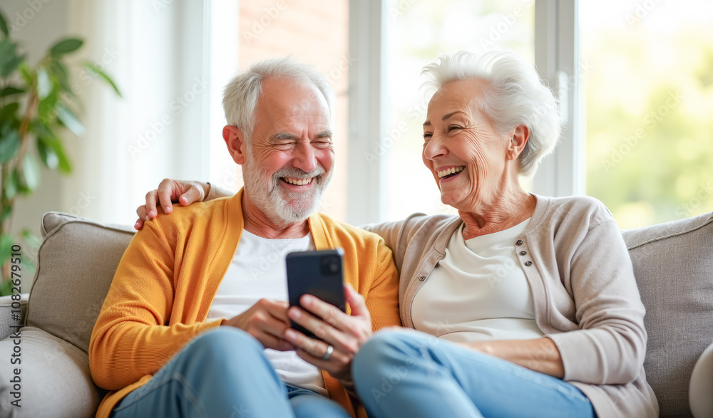 An elderly couple are laughing and looking at the phone screen on the sofa in the living room An elderly couple are laughing and looking at the phone screen on the sofa in the living room