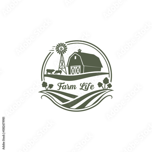 Rustic Agriculture Logo. Farm Life with Barn, Windmill, and Cow
