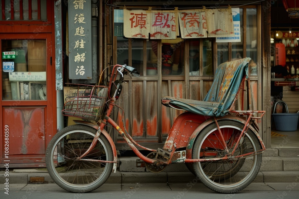 Old red bicycle is parked on the street in front of traditional chinese shop Old red bicycle is parked on the street in front of traditional chinese shop