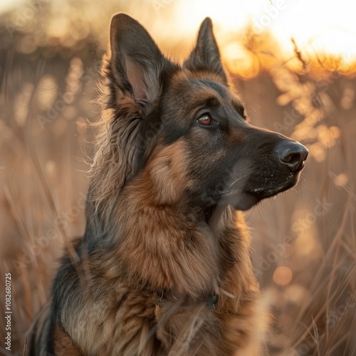 A German Shepherd dog with a brown and black coat stands in a field of tall grass, looking towards the sunset.