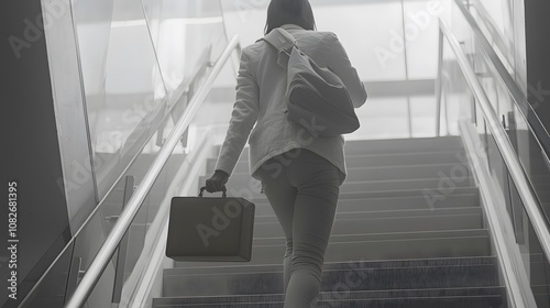 A businessperson climbing a staircase, briefcase in hand, symbolizing career advancement and ambition.  photo