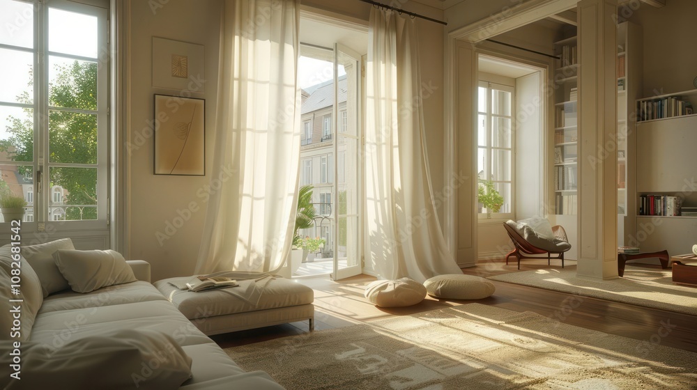 A bright and airy living room with large windows, white curtains, and a comfortable sofa, showcasing a minimalist design with natural light streaming in. A bright and airy living room with large windows, white curtains, and a comfortable sofa, showcasing a minimalist design with natural light streaming in.