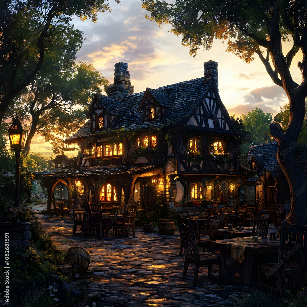 Fototapeta premium Illustration Tavern at Sunset Fantasy Village