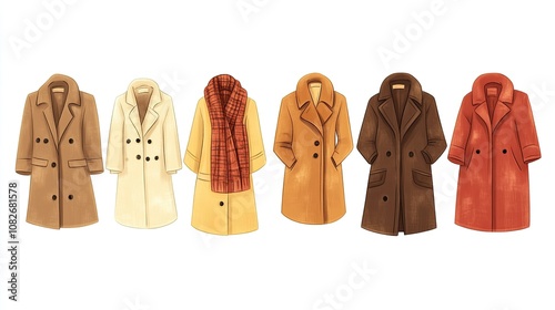 Collection of Stylish Winter Coats in Various Colors and Textures Including Beige, Brown, Yellow, and Orange Perfect for Fashion Design and Apparel Illustration
