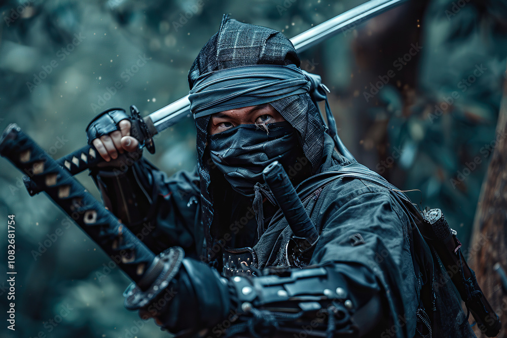 Fototapeta premium Japanese ninja warrior dressed in samurai clothes holding a sharp sword
