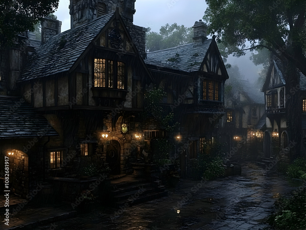 Illustration - Rainy Night in a Medieval Village Illustration - Rainy Night in a Medieval Village