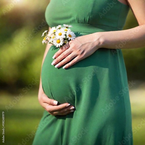 A high-resolution ultrarealistic image of a pregnant woman in a green dress, shot in a vibrant outdoor setting. The digital photograph focuses on her torso, highlighting her rounded belly as she gentl photo