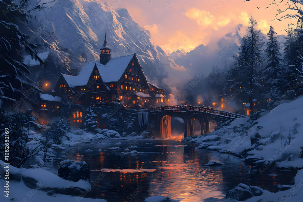 Fototapeta premium Illustration Cozy Winter Village Sunset Snow Mountain River Bridge
