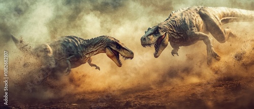 Fototapeta Naklejka Na Ścianę i Meble -  Two roaring dinosaurs clash in a dusty prehistoric landscape, embodying fierce primal power.