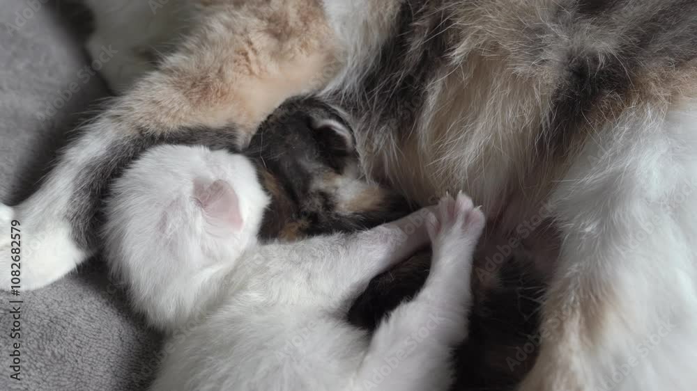 kittens sleep with their mother cat, two kittens are warming themselves near a cat on its stomach, cat family kittens sleep with their mother cat, two kittens are warming themselves near a cat on its stomach, cat family