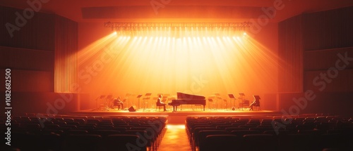 A grand concert hall bathes in warm, ethereal light, focusing on a pianist performing soulfully on stage, against rows of empty seats. photo