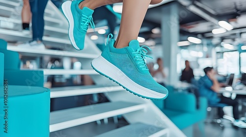 A person jumping up a flight of stairs, symbolizing energy, excitement, and seizing opportunities. 