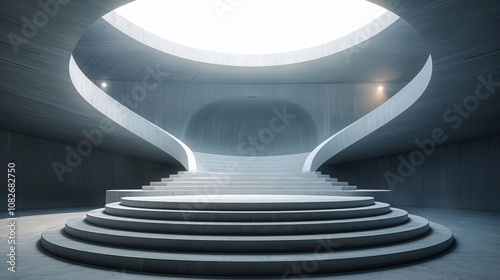 Modern architecture with a circular staircase leading up to a round platform with a skylight overhead.