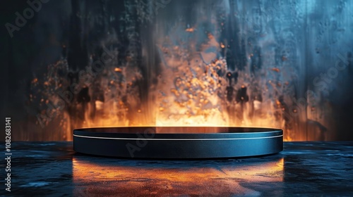 A black round podium with a gold rim sits in front of a blurry background of dark blue and orange flames. photo