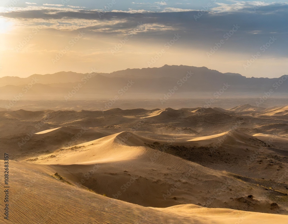 Golden Rays of Sunset Illuminating a Vast Desert With Towering Sand Dunes and a Distant Mountain Range, Captured for a Breathtaking Natural Landscape Scene Golden Rays of Sunset Illuminating a Vast Desert With Towering Sand Dunes and a Distant Mountain Range, Captured for a Breathtaking Natural Landscape Scene