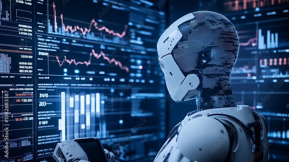 A visual representation of AI analyzing big financial data, with interconnected graphs, bar charts, and numerical projections displayed on a high-tech digital interface