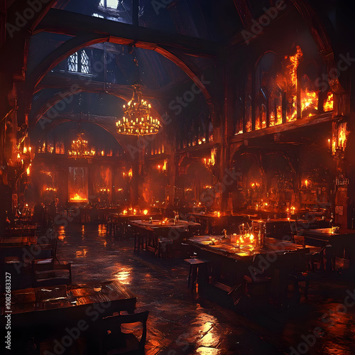 Illustration of Medieval Tavern, Candlelit, Atmospheric Interior