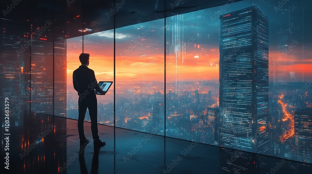 A businessman looking out of a window at a futuristic city skyline with a laptop in hand. A businessman looking out of a window at a futuristic city skyline with a laptop in hand.