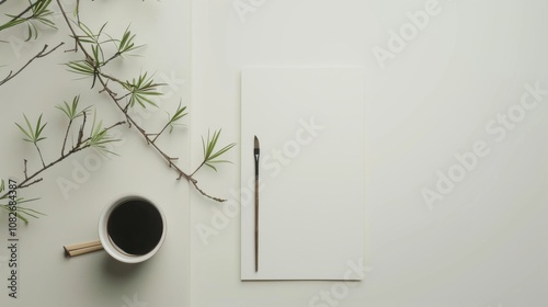An elegant calligraphy setup in a minimalist room, Calligraphy brush and ink precisely placed, Zen minimalist style