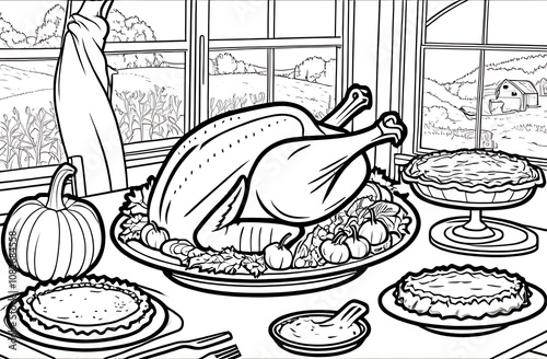 Holidays & Celebrations Coloring Book: A coloring page showcasing a Thanksgiving feast with a turkey, pumpkin pie, and harvest vegetables photo