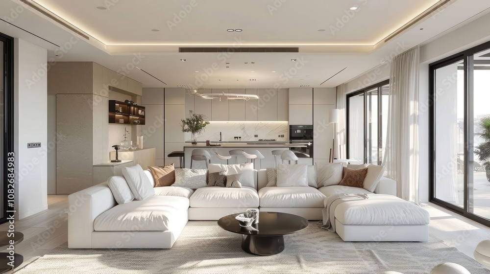 Modern living room with white sectional sofa, large windows, and an open kitchen. Modern living room with white sectional sofa, large windows, and an open kitchen.