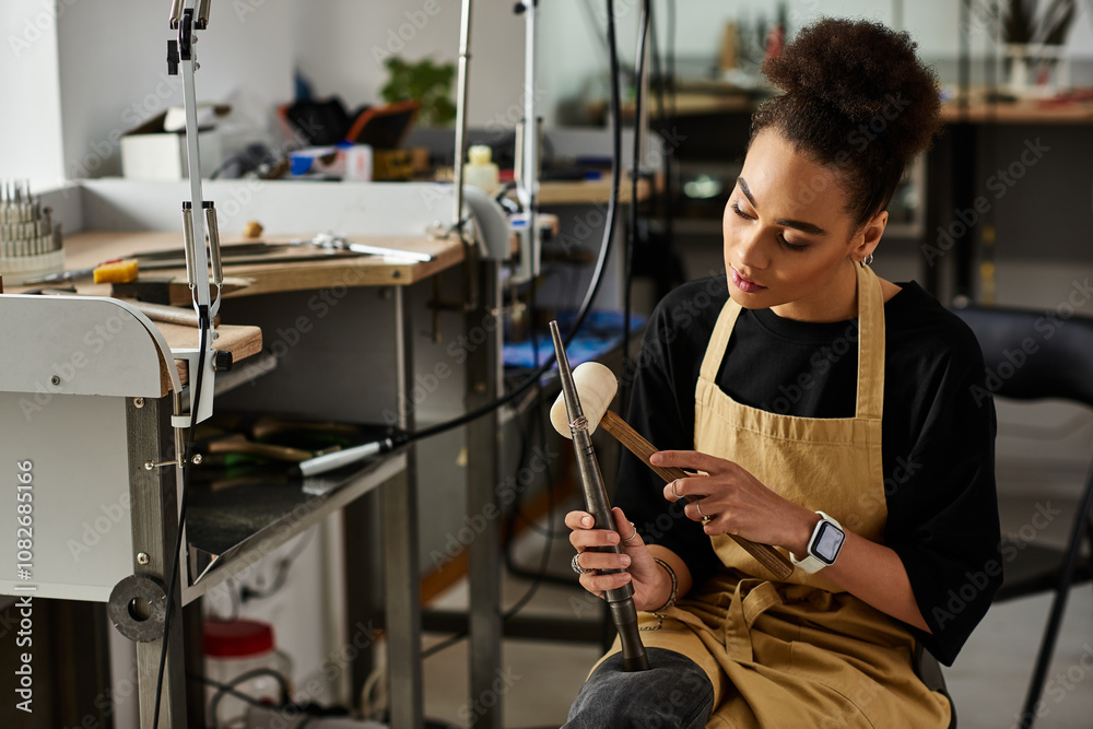 A talented woman passionately designs an exquisite jewel while seated at her creative workspace. A talented woman passionately designs an exquisite jewel while seated at her creative workspace.