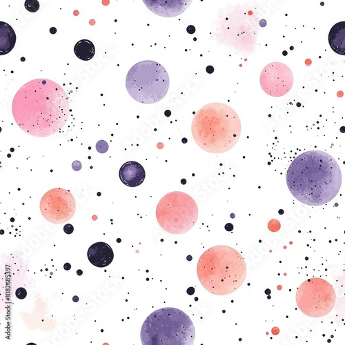 Seamless pattern featuring watercolor circles in pink, purple, and peach, interspersed with small black dots on a white background, creating a cheerful and playful design
