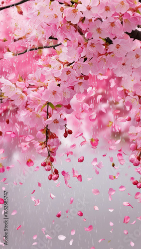 Stylized pink cherry blossoms in the rain