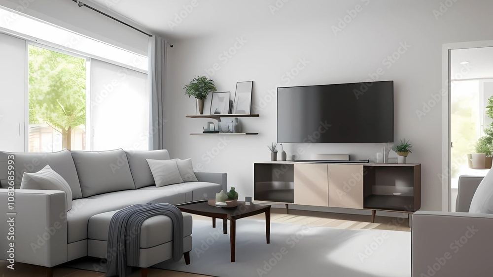 stylish modern living room featuring a cozy couch, sleek coffee table, and a large TV for entertainment. stylish modern living room featuring a cozy couch, sleek coffee table, and a large TV for entertainment.