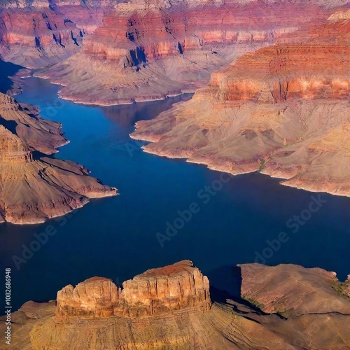 A high-resolution ultrarealistic image captures a breathtaking aerial view of the Grand Canyon. The photograph reveals steep, rugged cliffs and deep canyons with a winding river cutting through the la photo