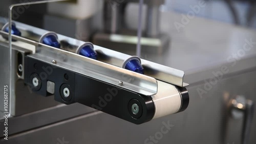 Close-up view of modern coffee pods making machine. Group of blue coffee capsules moves on narrow conveyer belt. Soft focus. Real time handheld video. Coffee manufacturing plant theme.